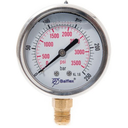 Manómetro  0 - 250 BAR con Glicerina Conexión 1/4" BSP Inferior. Esfera de 63 mm