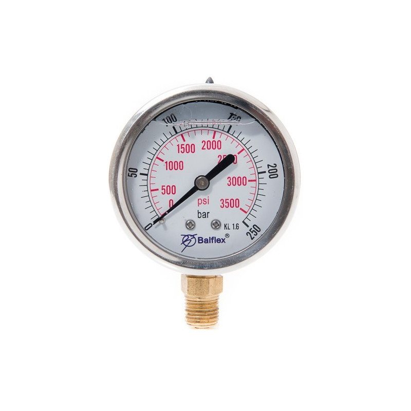 Manómetro  0 - 250 BAR con Glicerina Conexión 1/4" BSP Inferior. Esfera de 63 mm
