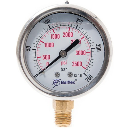 Manómetro  0 - 250 BAR con Glicerina Conexión 1/4" BSP Inferior. Esfera de 63 mm