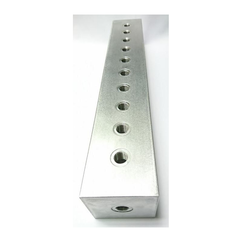 Colector hidráulico, fabricación a medida en bloque de aluminio rectangular con 22 salidas/entradas de aceite de 1/2" BSP 