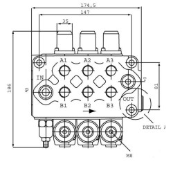 Monoblock directional control valve, 3 spools,  4-way, 3 position, tandem center, Walvoil.