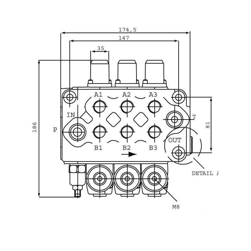 Monoblock directional control valve, 3 spools,  4-way, 3 position, tandem center, Walvoil.