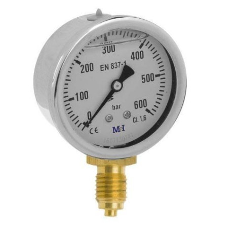 Manómetro 0 - 600 BAR con Glicerina Conexión 1/4" BSP Inferior. Esfera de 63 mm