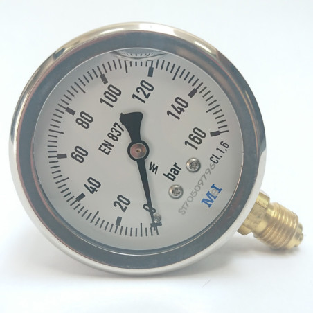 Manómetro 0 - 160 BAR con Glicerina Conexión 1/4" BSP Inferior. Esfera de 63 mm