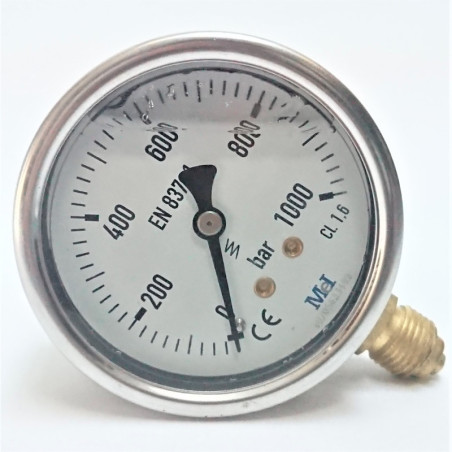 Manómetro 0 - 1000 BAR con Glicerina Conexión 1/4" BSP Inferior. Esfera de 63 mm