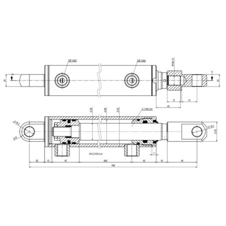 Cil. Hco. DE. Ø40 mm pistón, vástago 28 mm, Carrera 600 mm