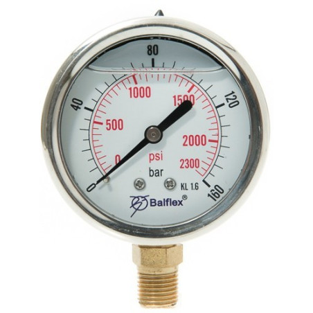 Manómetro  0 - 160 BAR con Glicerina Conexión 1/4" BSP Inferior. Esfera de 63 mm