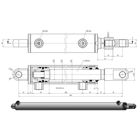 Cil. Hco. DE. Ø40 mm pistón, vástago 28 mm, Carrera 800 mm