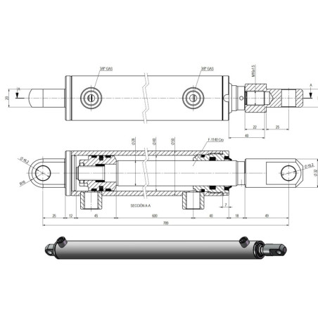 Double Acting Hydraulic Cylinder Inside Bore Ø40 mm, Rod Ø28 mm, Stroke 800 mm.
