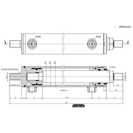 Cilindro Hco. DE Ø50 mm pistón, Ø36 mm vástago, Carrera 670 mm con Fondo Roscado M20x1.5