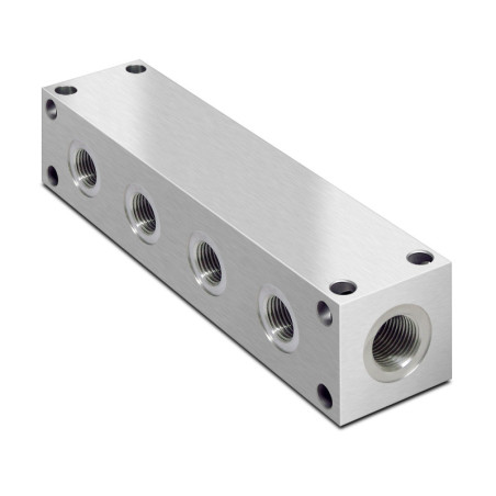 Colector hidráulico, fabricación a medida en bloque de aluminio rectangular con 22 salidas/entradas de aceite de 1/2" BSP 